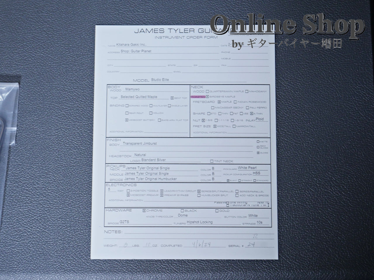 USED 2024 James Tyler USA Studio Elite QMT "Full Option w/JTO Pickups" Transparent Jimburst